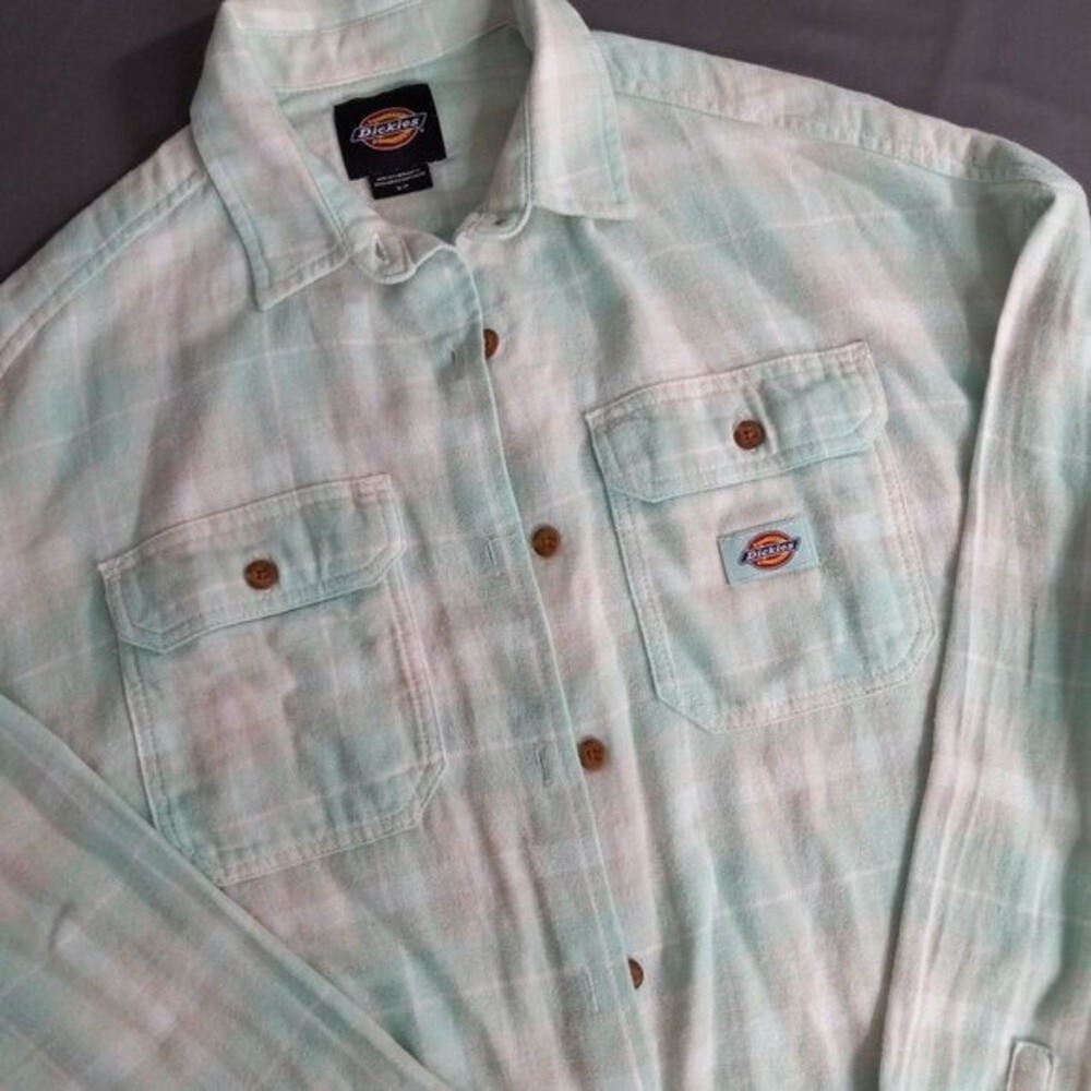 Dickies Mens Mint Green White Plaid Flannel Button Down Shirt Small S Long Sleev